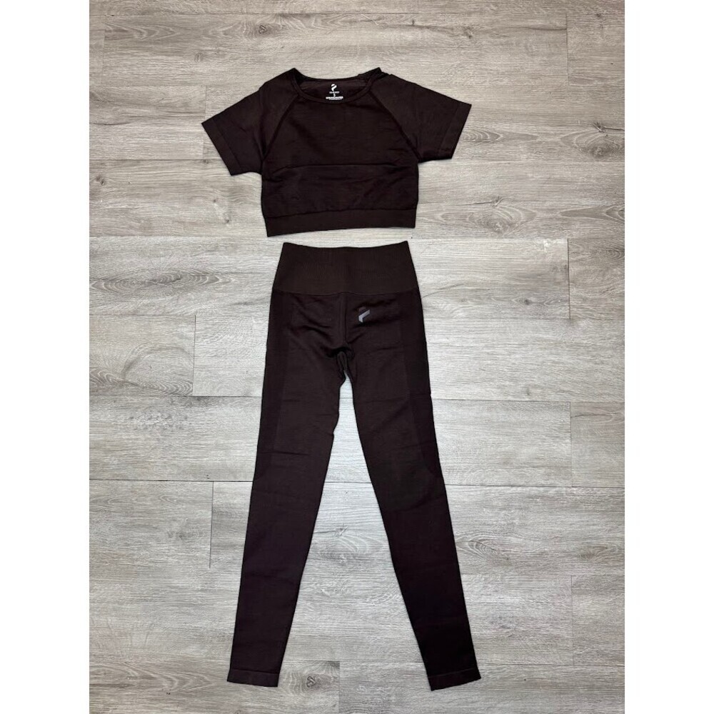 Women's Seamless Workout Set Brown Short Sleeve Crop Top High Waist Leggings - Picture 4 of 6